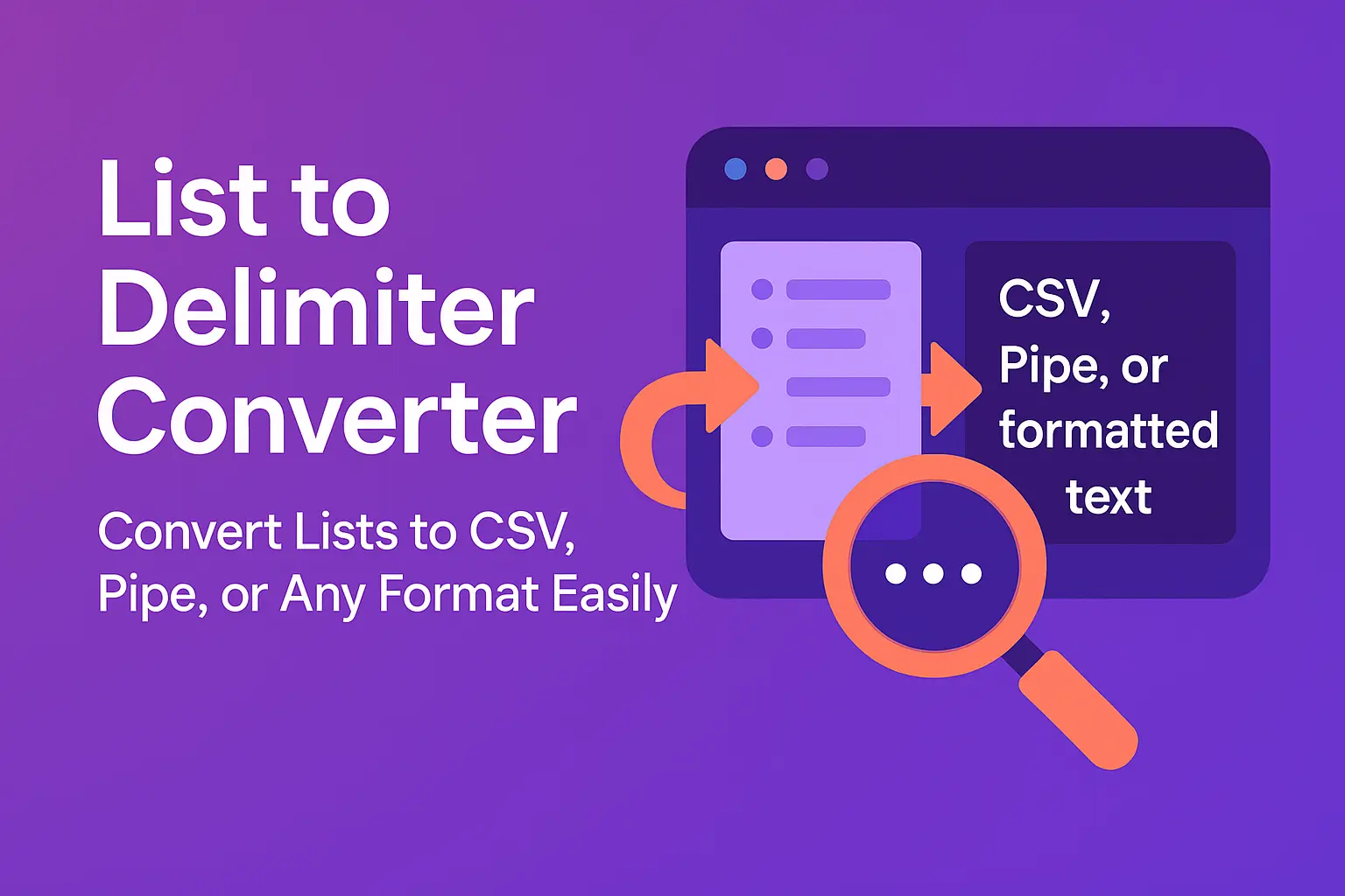 Delimiter Converter tool interface with options to convert text lists into CSV, pipe, or custom formats for SEO, data, or coding use