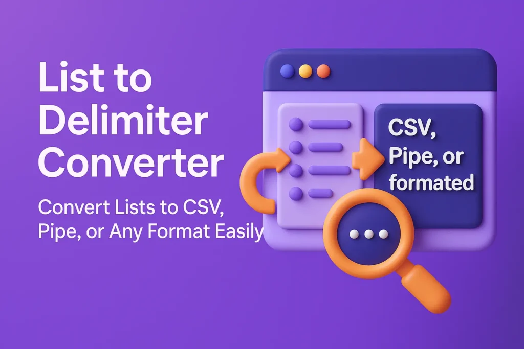 3D graphic showing List to Delimiter Converter tool interface with options to convert text lists into CSV, pipe, or custom formats for SEO, data, or coding use