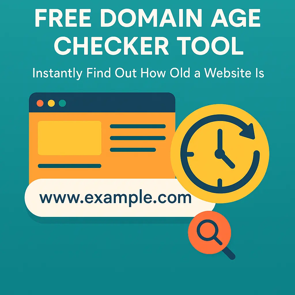 Illustration of Free Domain Age Checker Tool with browser window and magnifying glass showing domain age in years – keyword-focused visual for website age lookup and SEO analysis