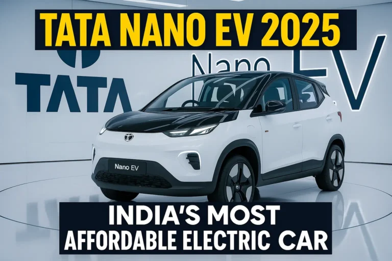 Tata Nano EV 2025 electric car showcased in showroom with compact hatchback design