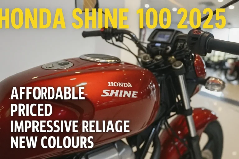Honda Shine 100 commuter bike with black and blue stripes in a scenic background
