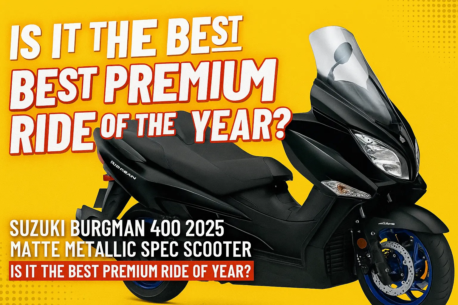 Suzuki Burgman 400 in new matte metallic black finish parked on a scenic urban road