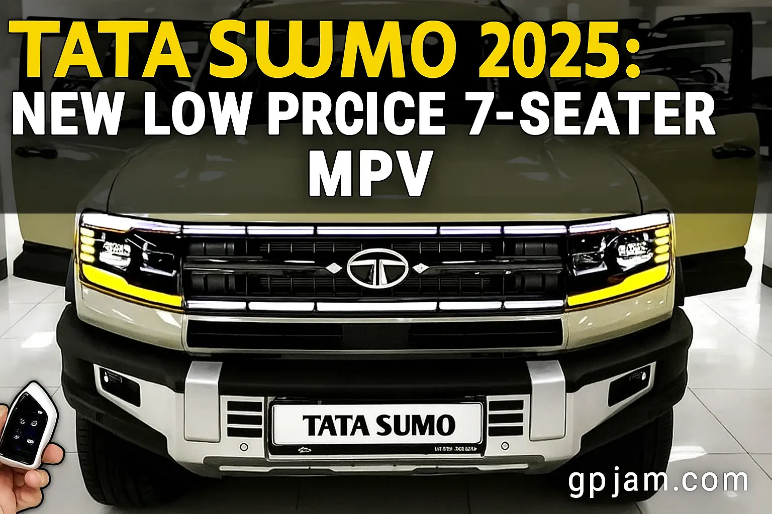 Tata Sumo 2025 facelift model in Delhi - 7 seater SUV with diesel engine, shown in rugged terrain background