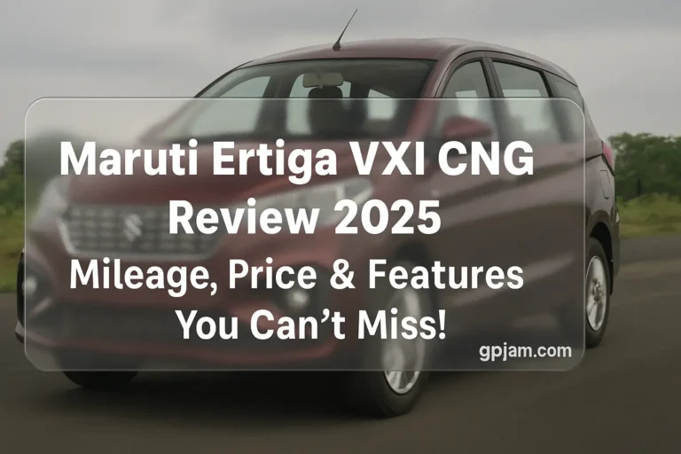 Maruti Ertiga VXI CNG 2025 model in Pearl Metallic Auburn Red parked in city background.