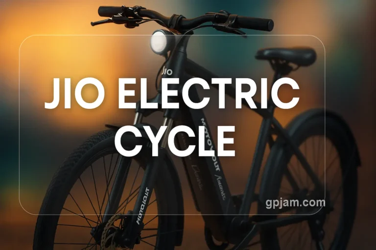 2025 Jio Electric Cycle with detachable battery, disc brake, and premium steel frame parked on a city street.